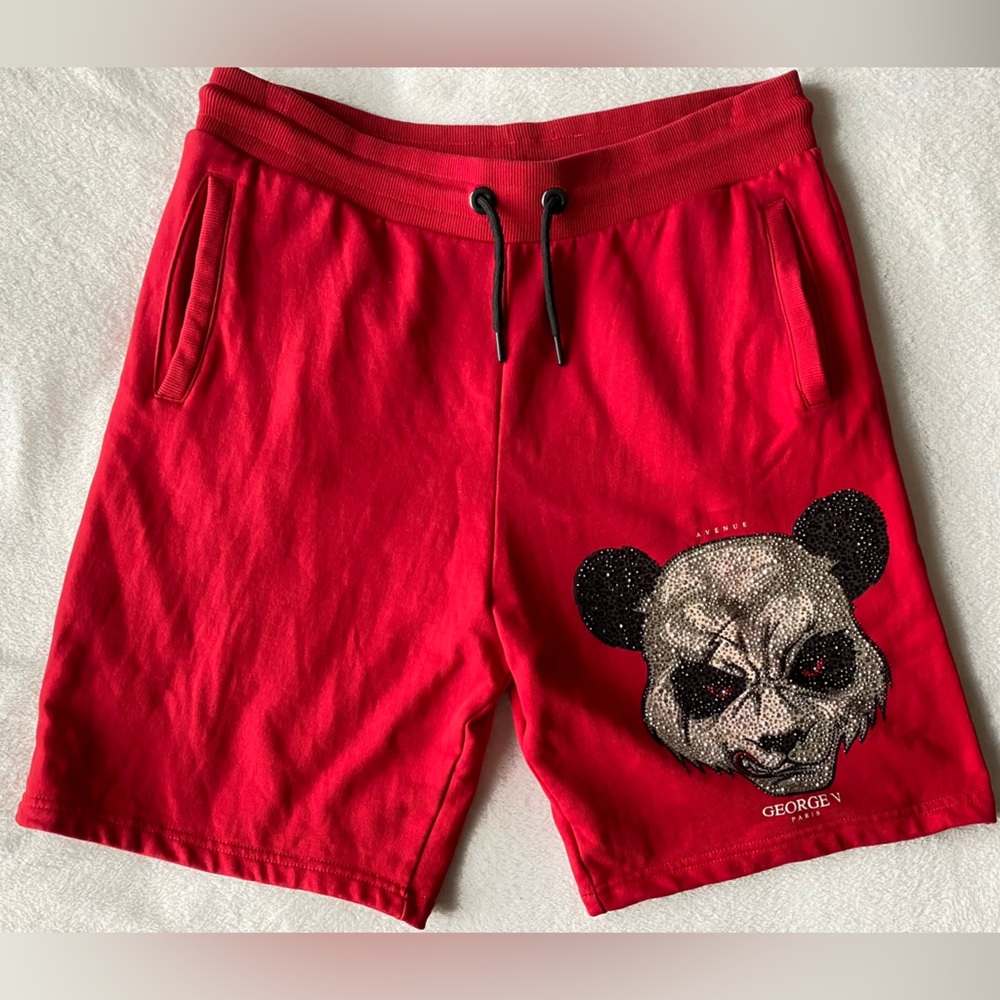 Avenue George V Paris "Angry Panda" red sweat shorts crystal detailing Mens XL